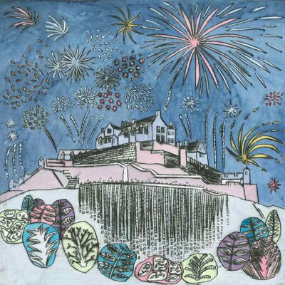 Fuochi d'artificio del castello di Edimburgo, stampa di riproduzione firmata