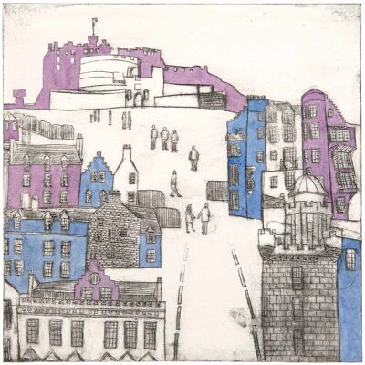 Edinburgh Castle und die Royal Mile (Farbe), signierter Reproduktionsdruck