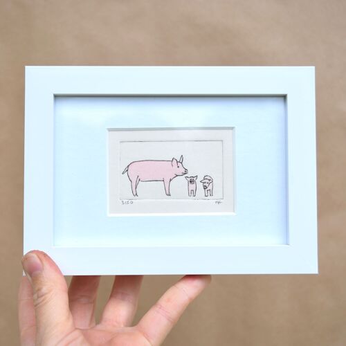 Pig and two young - collagraph print in a white frame