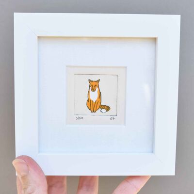 Fox - mini collagraph print in a white frame