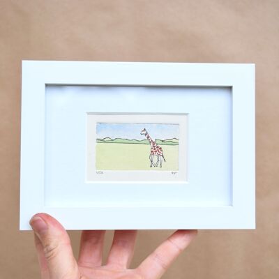 Giraffe - collagraph print in a white frame