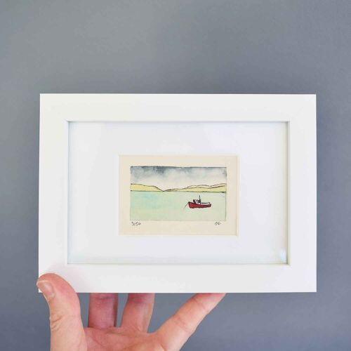 Red fishing boat - collagraph print in a white frame