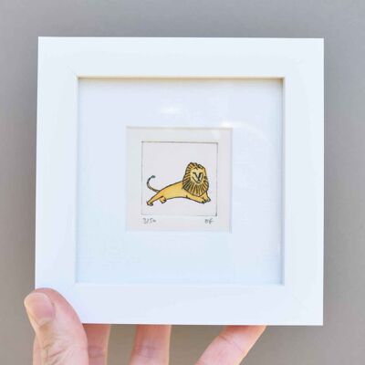 Lion - mini collagraph print in a white frame