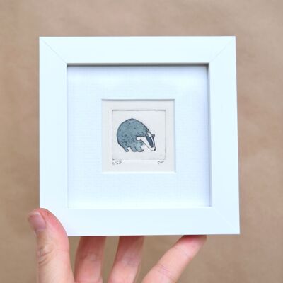 Badger - mini collagraph print in a white frame