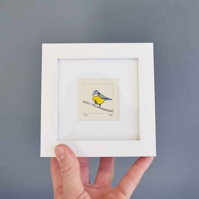 Blue tit - mini collagraph print in a white frame