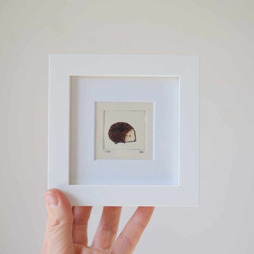 Hedgehog - mini collagraph print in a white frame