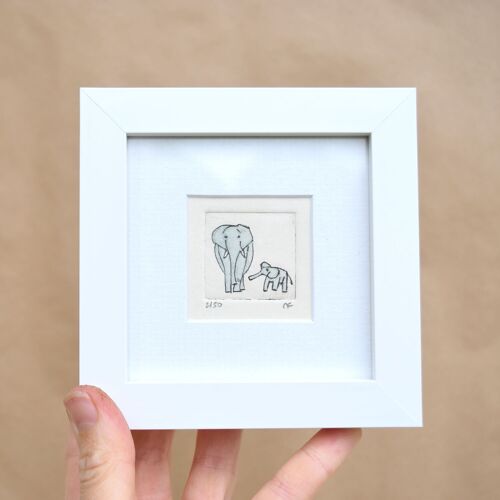 Elephants - mini collagraph print in a white frame