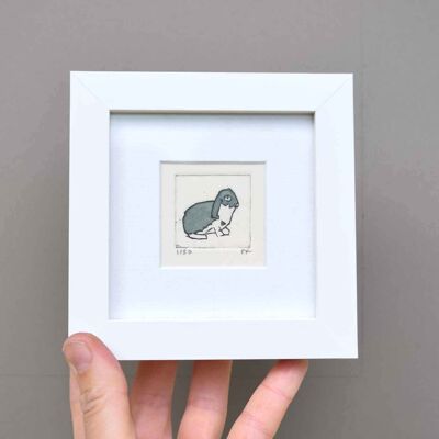 Conejo mascota: impresión de mini colagrafía en un marco blanco