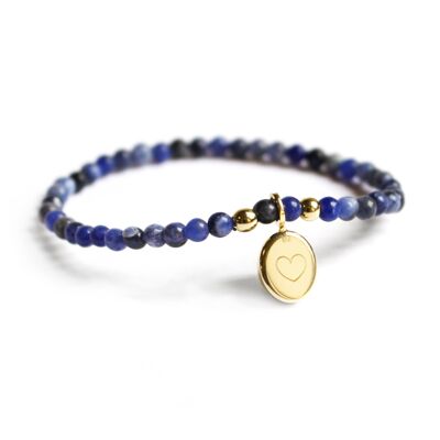 Bracelet perles sodalite et médaille ovale plaqué or femme - gravure COEUR