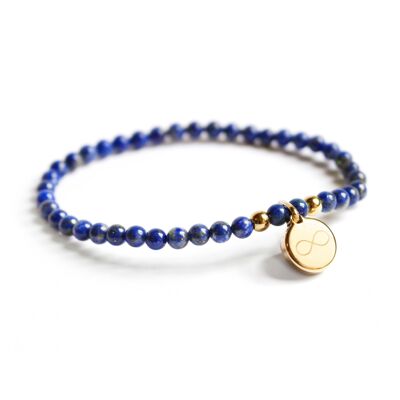 Bracelet perles lapis lazuli et médaille ronde plaqué or femme - gravure INFINI
