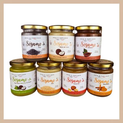 Pack of 7 sesame spreads different flavors: honey, matcha green tea, coconut, chocolate, hazelnuts, black sesame, cinnamon - 240g glass