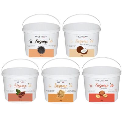 Pack of 7 sesame spreads different flavors: honey, matcha green tea, coconut, chocolate, hazelnuts, black sesame, cinnamon - 1kg in recyclable PET