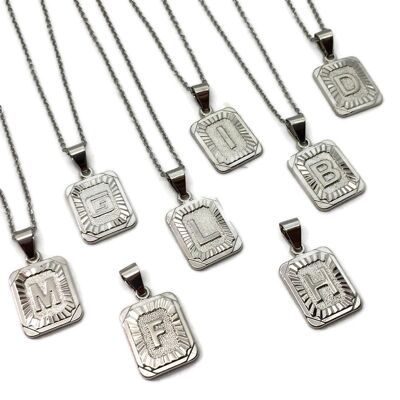 Rectangle Tablet Initial Necklace - silver