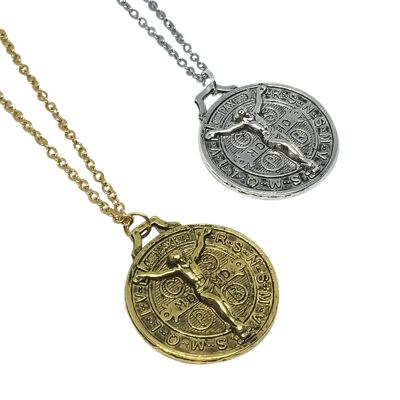Jesus x St Benedict Coin Necklace - Silver - 1mm