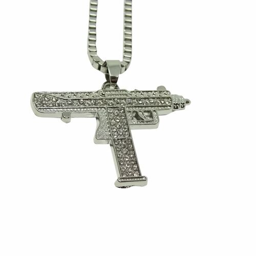 Iced Out Uzi Gun Necklace - Silver