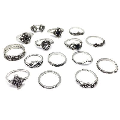 15 Piece Classic Black & Silver Ring Set