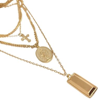 Virgin Mary Cross Layered Necklace - Gold