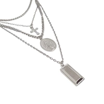 Virgin Mary Cross Layered Necklace - Silver