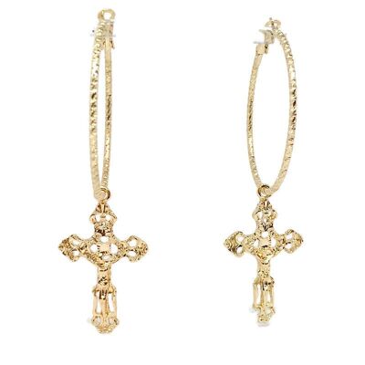 Crucifix Cross Hoop Earrings - Gold