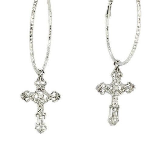 Crucifix Cross Hoop Earrings - Silver