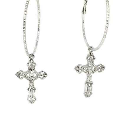 Crucifix Cross Hoop Earrings - Silver