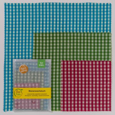 Panni di cera d'api testati, set da 3, a scacchi, ciascuno 1x S 16x16 cm, M 25x25 cm, L 35x35 cm