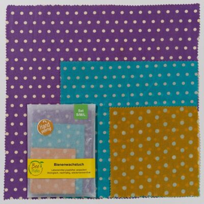 Panni di cera d'api testati, set di 3, punti, ciascuno 1x S 16x16 cm, M 25x25 cm, L 35x35 cm