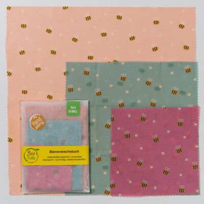 Tested beeswax cloths, set of 3, bees, each 1x S 16x16cm, M 25x25cm, L 35x35cm