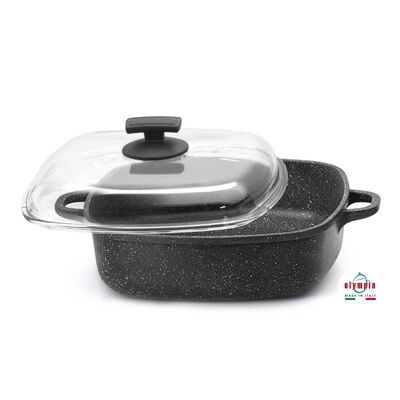 TEGAME QUADRATO 2 MANICI CON COPERCHIO IN VETRO CM.28x28