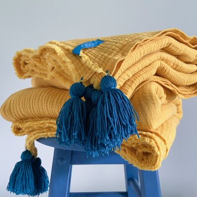 Muslin 4 layers cotton throw blanket with tassels  -  Mustard Yellow