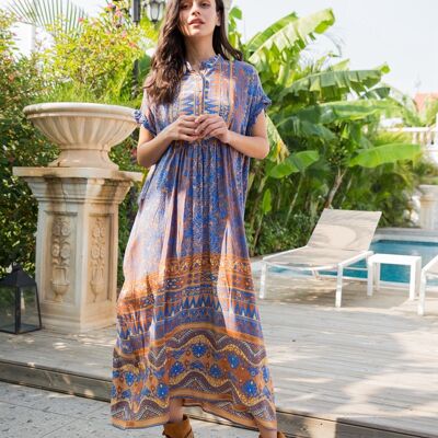 Long dress with bohemian print button front