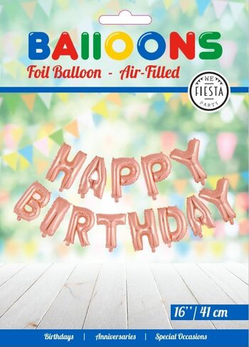 Ballon aluminium mot 16" 'joyeux anniversaire' or rose 2