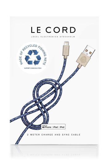 Câble Lightning iPhone bleu · 2 mètres · En filets de pêche recyclés - Avec emballage 1