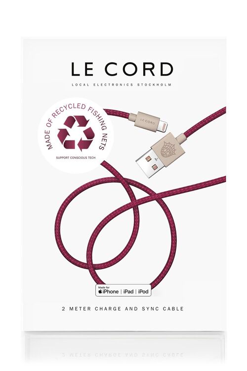 Plum iPhone Lightning cable · 2 meter · Made of recycled fishing nets - With packaging