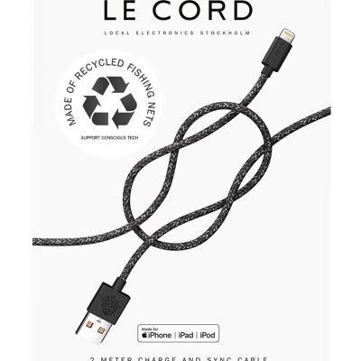 Cable Lightning negro para iPhone · 2 metros · Fabricado con redes de pesca recicladas - Con embalaje