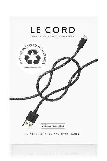 Câble Lightning iPhone noir · 2 mètres · En filets de pêche recyclés - Avec emballage 1