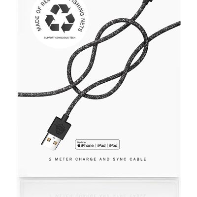Black iPhone Lightning cable · 2 meter · Made of recycled fishing nets - With packaging