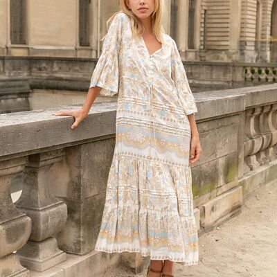 Long dress with floral print, buttoned front and V-neck