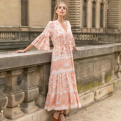 Long dress with floral print, buttoned front and V-neck