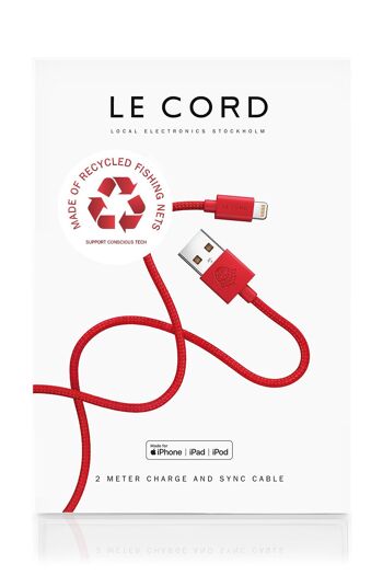 Câble Lightning iPhone rouge · 2 mètres · En filets de pêche recyclés - Avec emballage 1