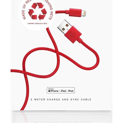 Red iPhone Lightning cable · 2 meter · Made of recycled fishing nets - With packaging