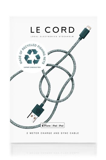 Câble Lightning iPhone vert · 2 mètres · En filets de pêche recyclés - Avec emballage 1