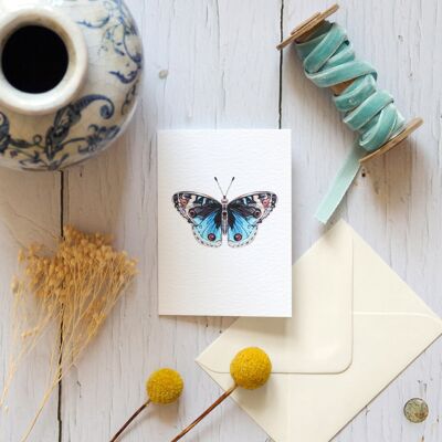 Cartolina d'auguri sostenibile dell'acquerello di mini farfalla blu