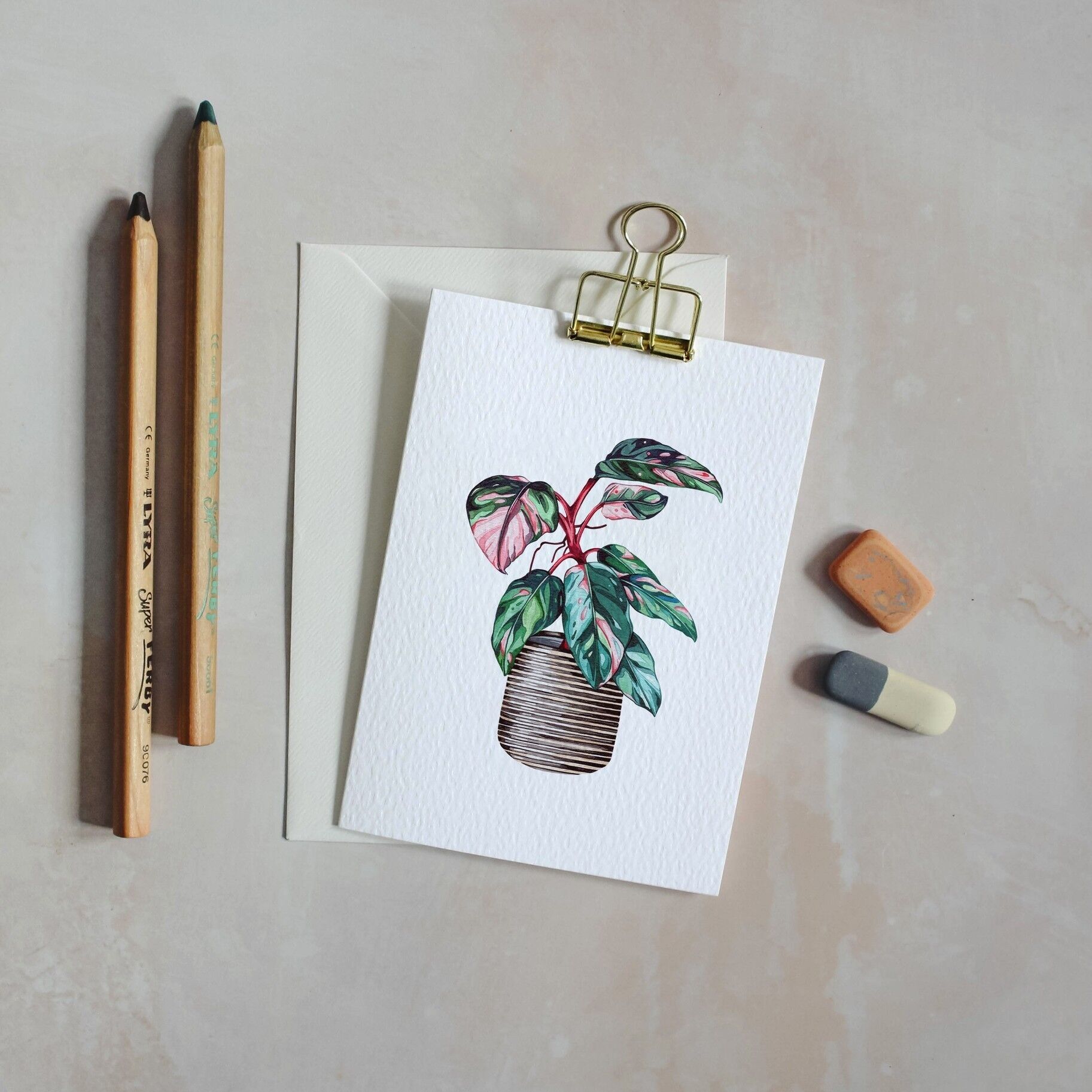 Cartolina d'auguri sostenibile dell'acquerello della pianta della casa