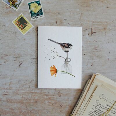 Cartolina d'auguri dell'acquerello dell'uccello botanico della lamina d'oro