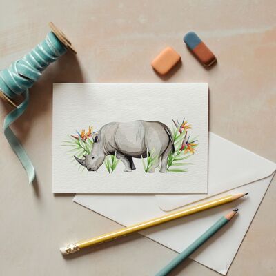 Tarjeta de felicitación sostenible de acuarela de rinoceronte tropical