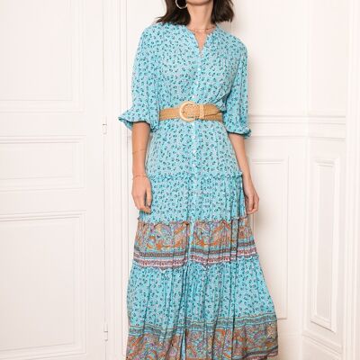 Long ruffled dress in print with tie, buttoned front and gathered