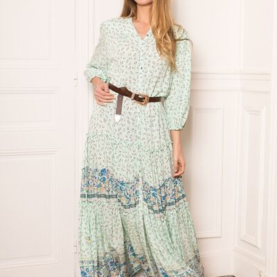 Long ruffled dress in print with tie, buttoned front and gathered