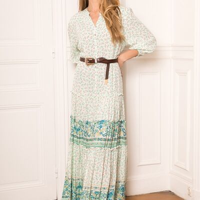 Long ruffled dress in print with tie, buttoned front and gathered