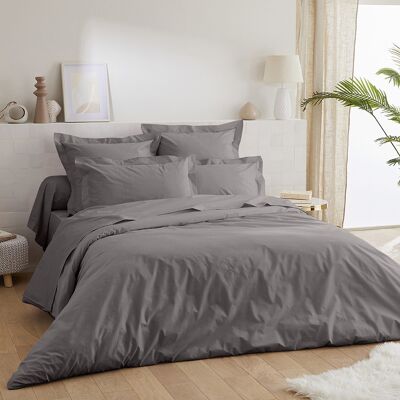 Dark gray and pearl gray reversible duvet cover in yarn-dyed cotton percale 200x200